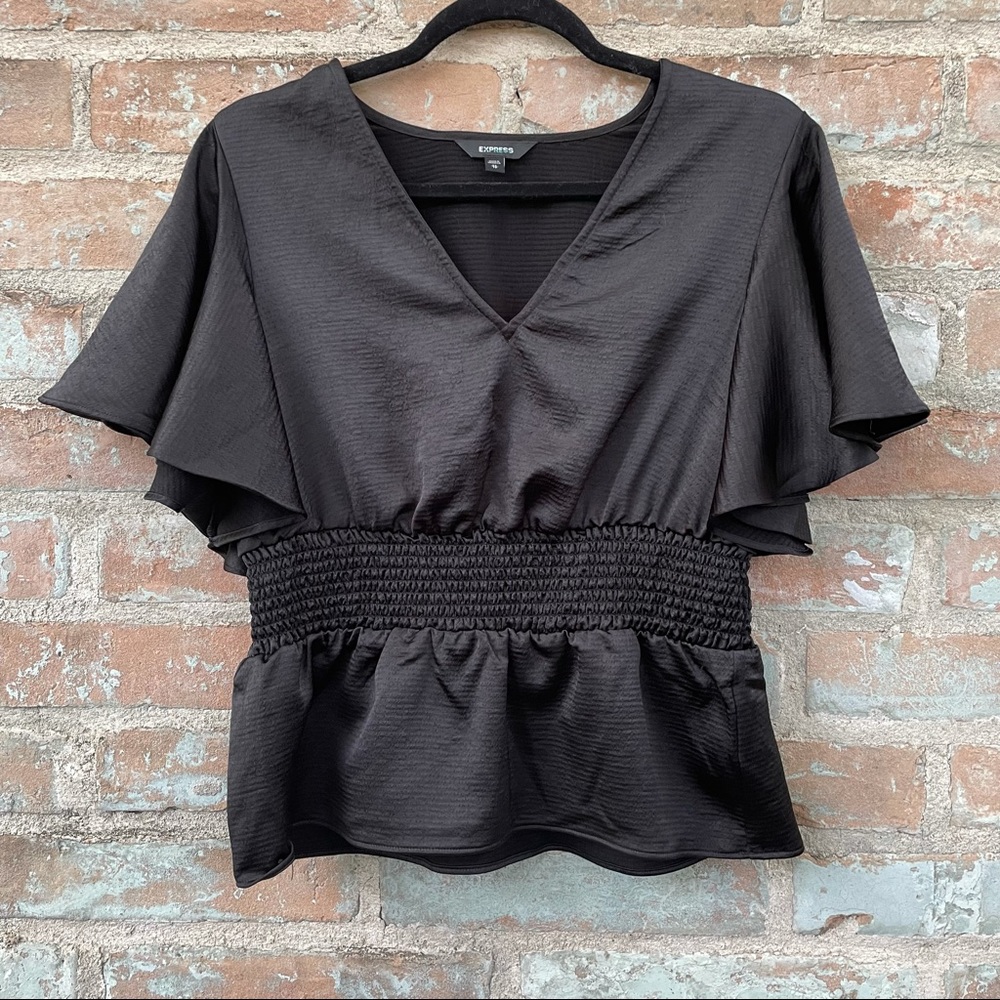 Express Satin Top Black Silky Flutter Smocked Butterfly Blouse Peplum Stretch - Picture 5 of 14
